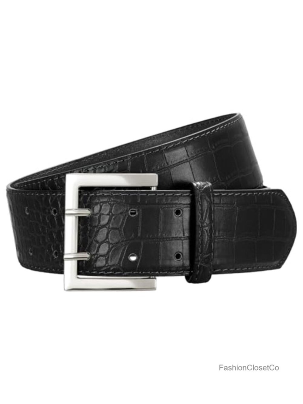 Women's Wide Faux Leather Belt Crocodile Grain Square Buckle Dress Jeans